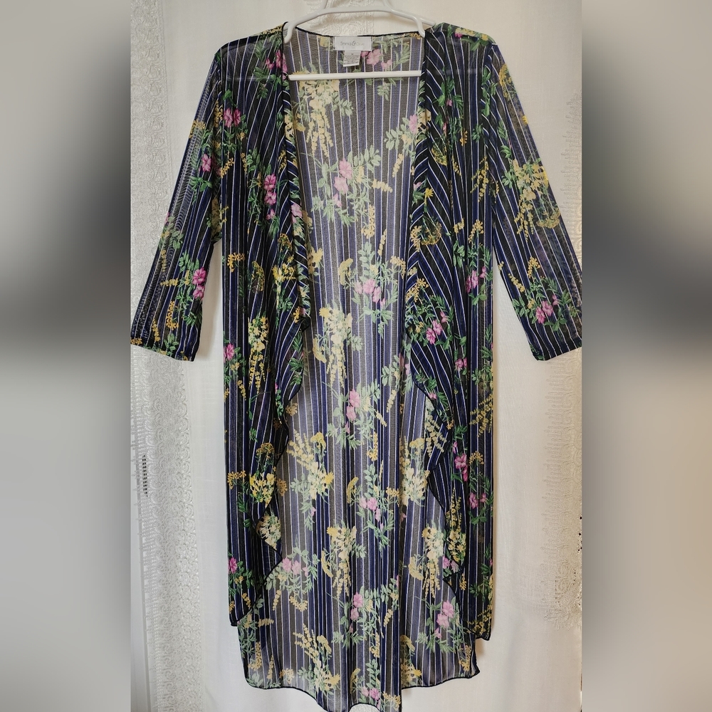 Emma and Olive Cardigan, Women's Size Medium, Long Navy Blue Floral Cardigan